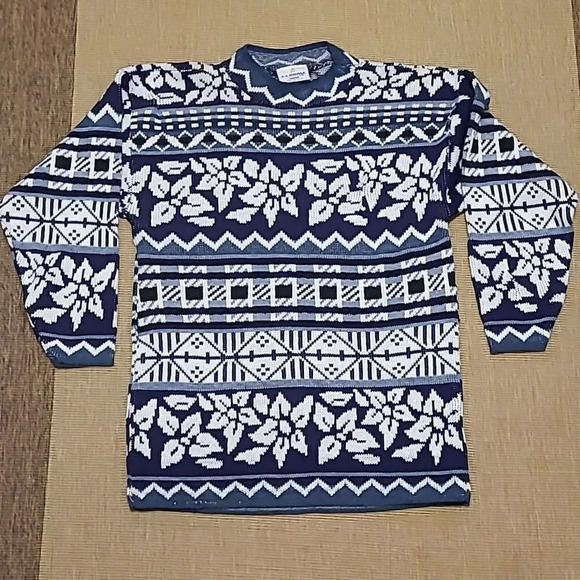 J.J. Poole Sweaters - Vintage Fair  Isle Floral Sweater J. J. Poole - Blue and White Size M/L